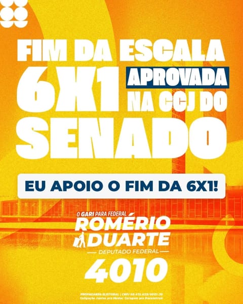 Peça de campanha amarela e laranja sobre o fim da escala 6x1, com a frase "Eu apoio o fim da 6x1" e o número 4010.